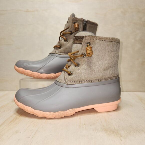 Sperry Saltwater Rain Gray Tan Pink Waterproof Rubber Duck Boot Women's 5.5 - Picture 1 of 10